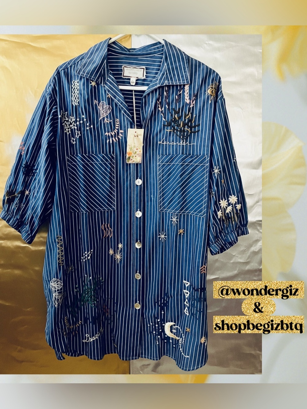 Johnny Was Sezane Weekend Oversized Blue Striped Embroidered Tunic Size Large - Picture 7 of 9